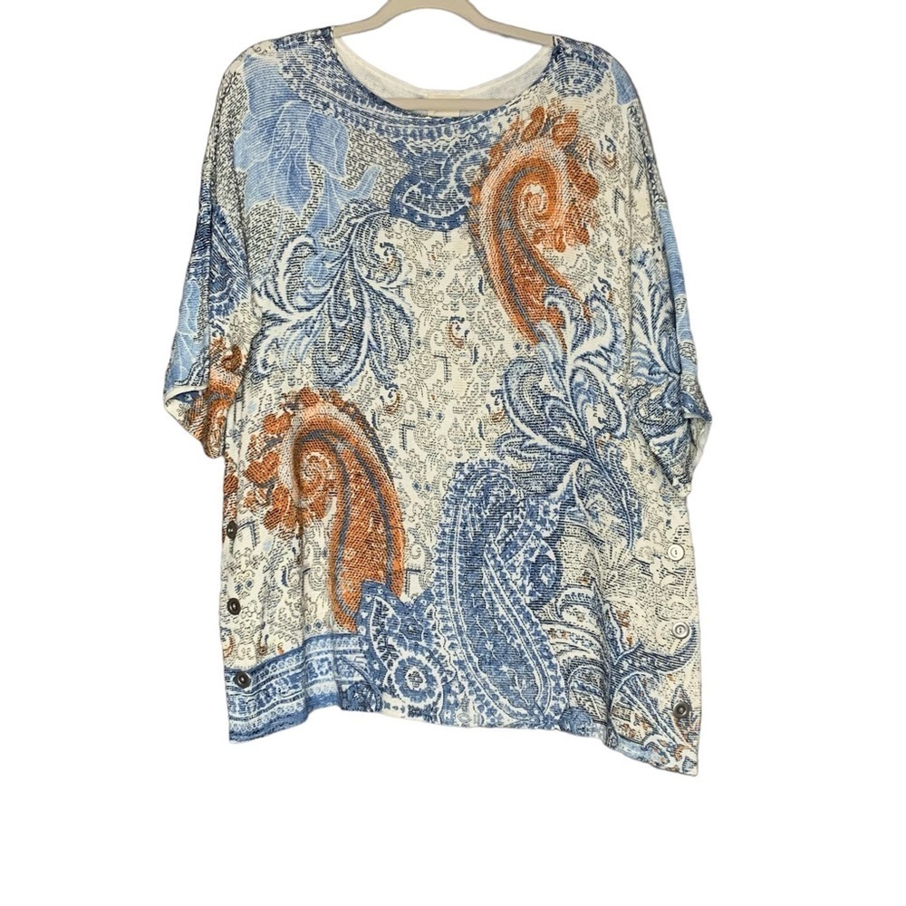 Chico’s Side Button Textured Paisley‎ Knit Rayon Blue Ivory Top Size 2 (Lg, 12)